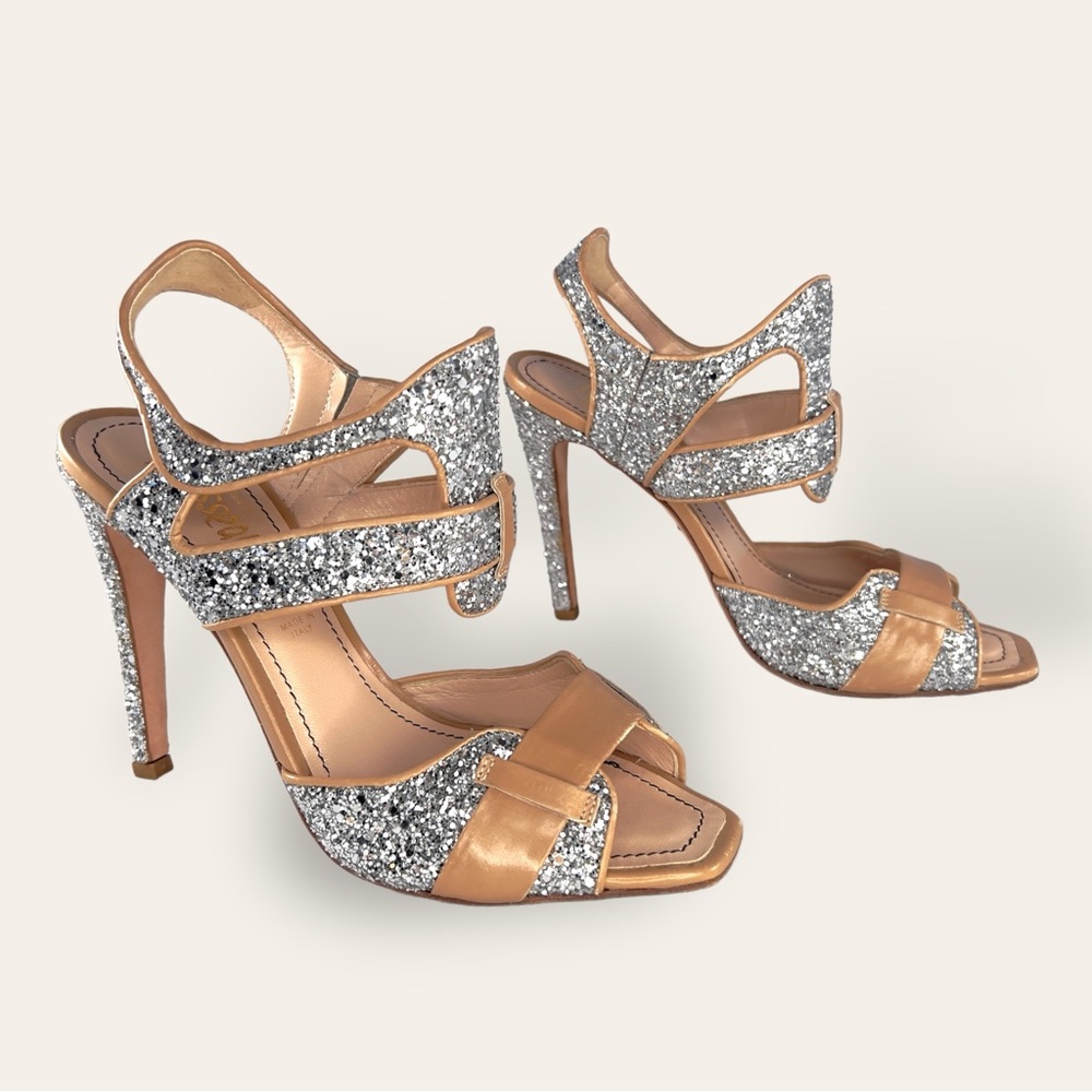 Jerome C. Rousseau Silver Sparkling Ankle Strap Open Toe Stiletto Heels - 37.5